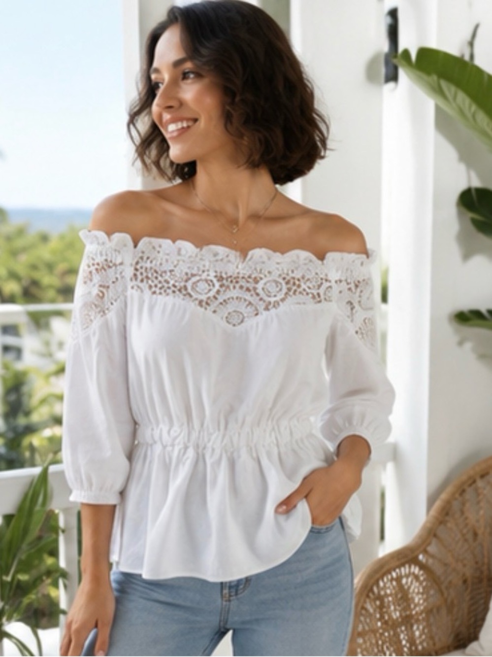 Women’s White Off-Shoulder Lace-Trim Blouse